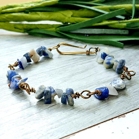 Sodalite Gemstone Bracelet, Crystal Bracelet, Bronze Jewelry, 8" - Picture 2 of 4